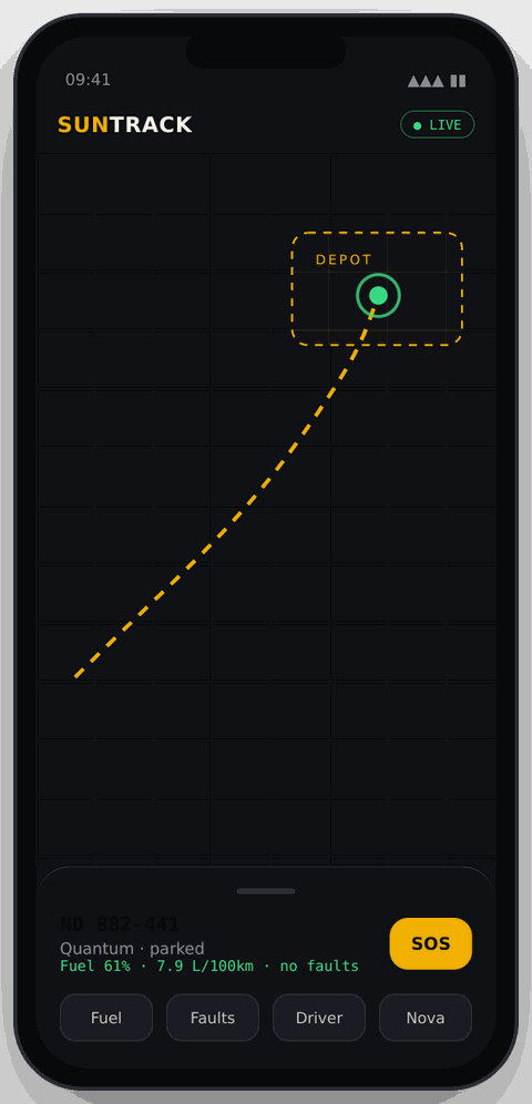 The SUNTRACK owner app — live map with the depot zone, vehicle card with fuel and faults, and one-touch SOS